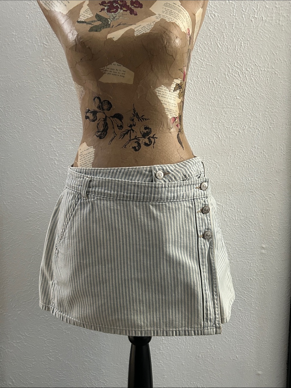 Free People Striped Mini Jean Skirt with Side Button Detail - Light Blue & White